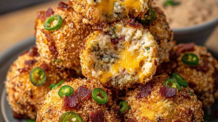 Bacon jalapeño popper cheese balls coated in crispy bacon bits, filled with creamy cheese and spicy jalapeños, served on a party platter.