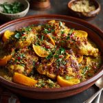 Traditional Moroccan chicken and orange tagine with tender chicken, citrus slices, olives, and aromatic spices served in a clay tagine pot.