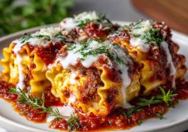 Lasagna rolls filled with ricotta, spinach, and marinara sauce, rolled up and baked with melted cheese on top.