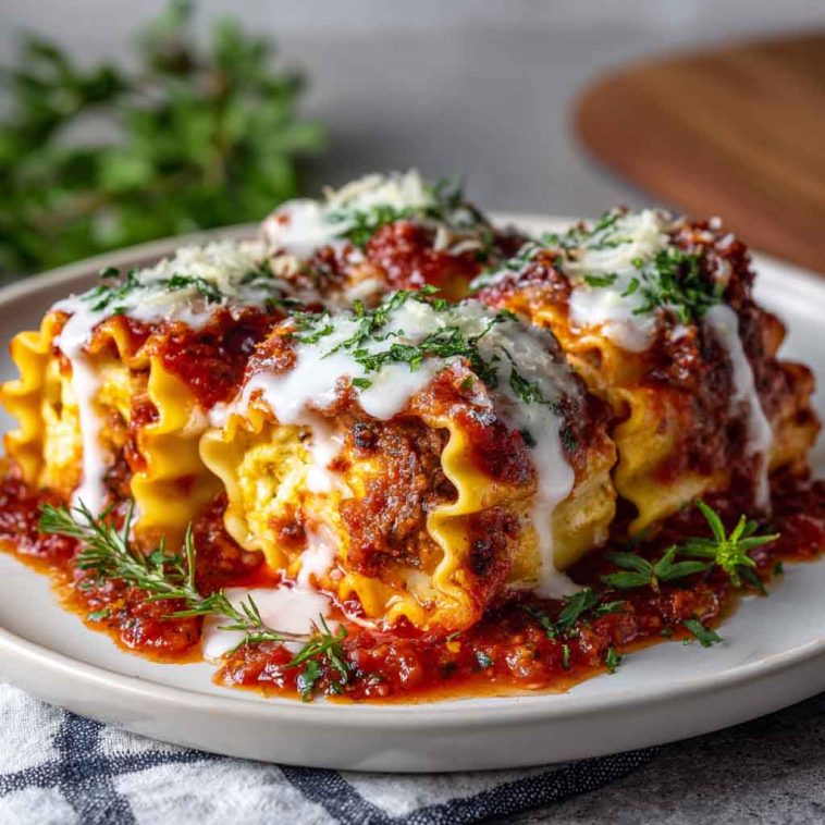 Lasagna rolls filled with ricotta, spinach, and marinara sauce, rolled up and baked with melted cheese on top.