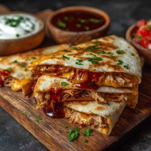 BBQ chicken quesadillas filled with smoky barbecue chicken, melted cheese, and onions, grilled golden brown and served with dipping sauce.