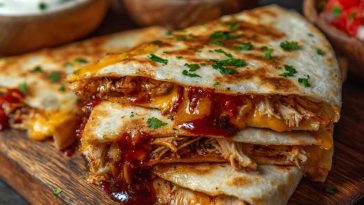 BBQ chicken quesadillas filled with smoky barbecue chicken, melted cheese, and onions, grilled golden brown and served with dipping sauce.