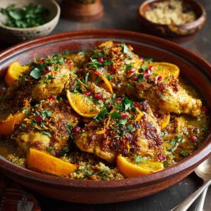 Traditional Moroccan chicken and orange tagine with tender chicken, citrus slices, olives, and aromatic spices served in a clay tagine pot.