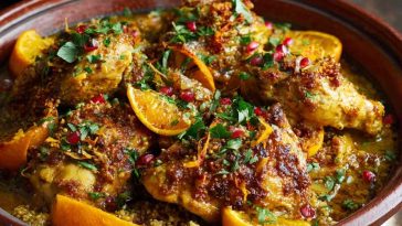Traditional Moroccan chicken and orange tagine with tender chicken, citrus slices, olives, and aromatic spices served in a clay tagine pot.