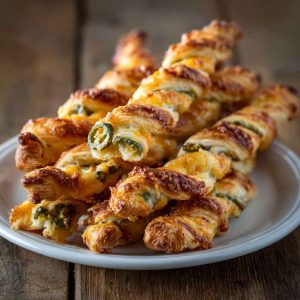 Golden flaky jalapeño popper twists filled with cream cheese, cheddar, and diced jalapeños, baked to perfection.