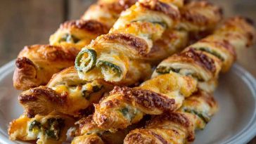 Golden flaky jalapeño popper twists filled with cream cheese, cheddar, and diced jalapeños, baked to perfection.