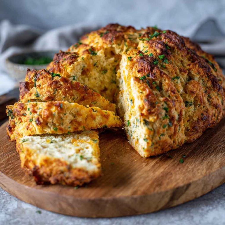 Loaf of golden cheddar and herb soda bread sliced on a wooden board.