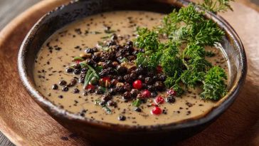 "A creamy peppercorn sauce served in a small dish, garnished with cracked black pepper and fresh herbs."