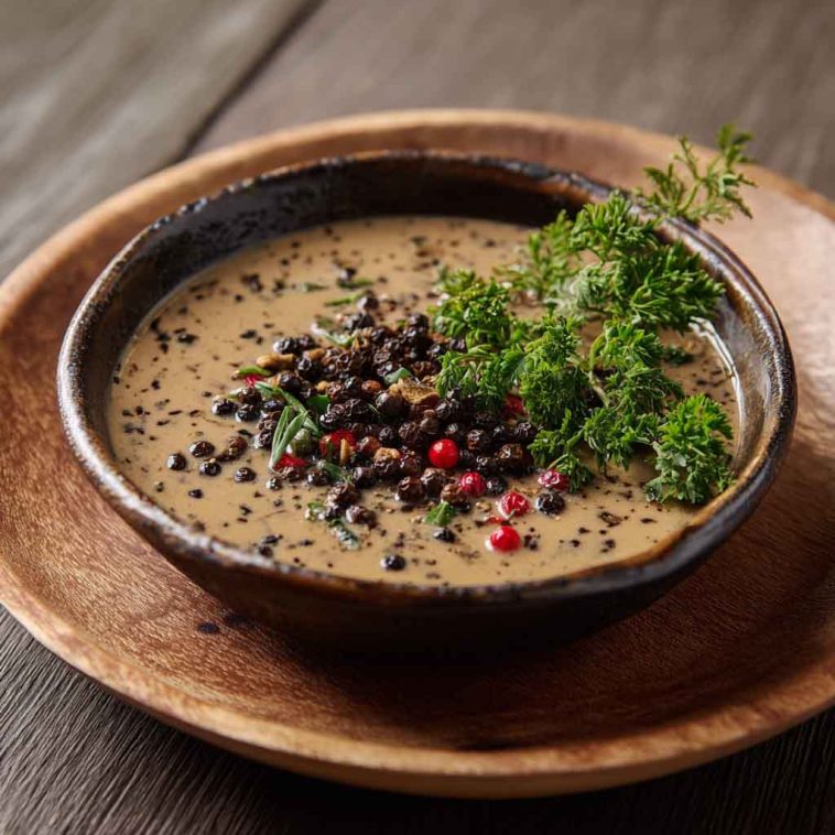 "A creamy peppercorn sauce served in a small dish, garnished with cracked black pepper and fresh herbs."