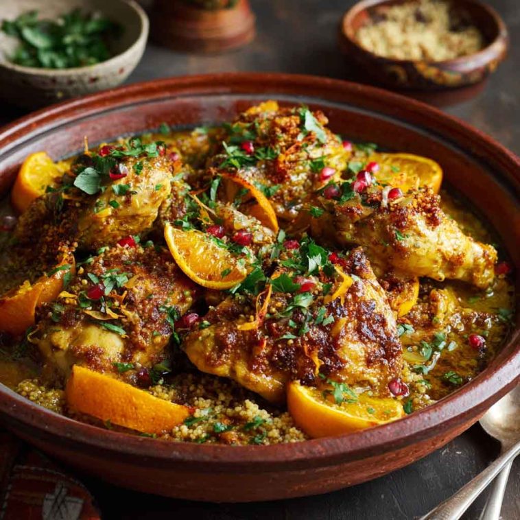 Traditional Moroccan chicken and orange tagine with tender chicken, citrus slices, olives, and aromatic spices served in a clay tagine pot.