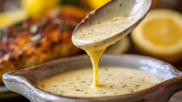 Creamy lemon butter sauce drizzled over grilled chicken, garnished with fresh parsley and lemon slices.