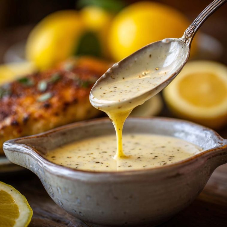 Creamy lemon butter sauce drizzled over grilled chicken, garnished with fresh parsley and lemon slices.