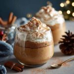 Creamy gingerbread latte mousse topped with whipped cream, dusted with cinnamon, and garnished with gingerbread cookie crumbs.