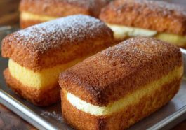 Homemade Twinkies sponge cakes filled with vanilla cream on a plate