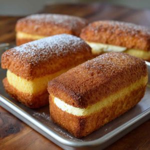 Homemade Twinkies sponge cakes filled with vanilla cream on a plate