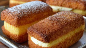 Homemade Twinkies sponge cakes filled with vanilla cream on a plate