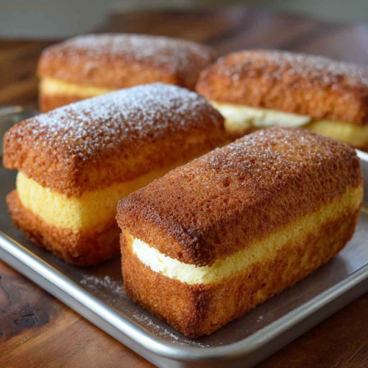 Homemade Twinkies sponge cakes filled with vanilla cream on a plate