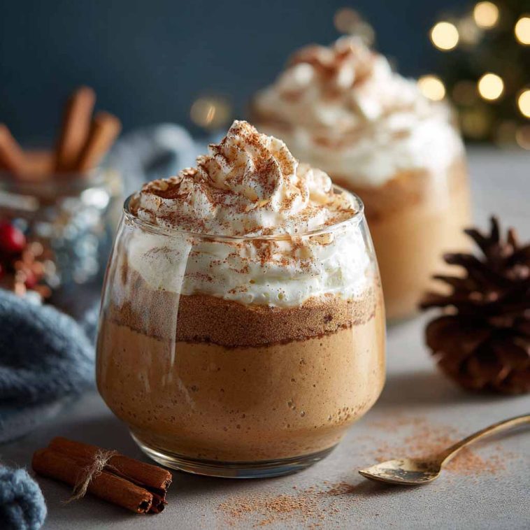 Creamy gingerbread latte mousse topped with whipped cream, dusted with cinnamon, and garnished with gingerbread cookie crumbs.