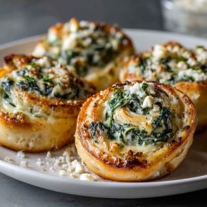 Golden baked spinach artichoke swirls made with puff pastry, creamy spinach artichoke filling, and melted cheese, served warm on a platter.
