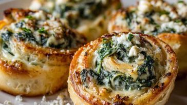 Golden baked spinach artichoke swirls made with puff pastry, creamy spinach artichoke filling, and melted cheese, served warm on a platter.