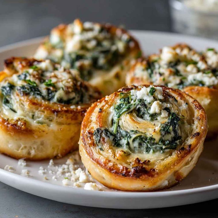Golden baked spinach artichoke swirls made with puff pastry, creamy spinach artichoke filling, and melted cheese, served warm on a platter.