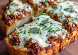 Cheesy sloppy joe garlic bread topped with melted cheese and parsley