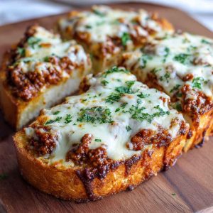 Cheesy sloppy joe garlic bread topped with melted cheese and parsley