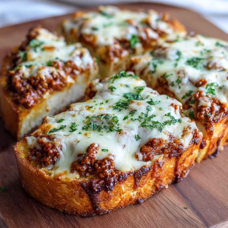 Cheesy sloppy joe garlic bread topped with melted cheese and parsley