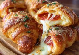 Golden croissant rolls stuffed with mozzarella and pepperoni, served warm on a platter