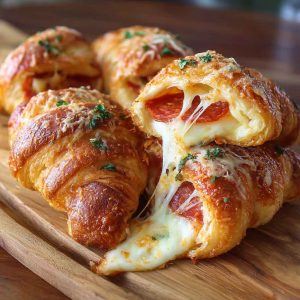 Golden croissant rolls stuffed with mozzarella and pepperoni, served warm on a platter