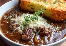 Rich French onion short rib soup topped with golden Gruyère cheese toast served in a rustic bowl.