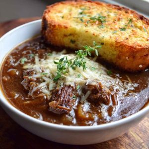Rich French onion short rib soup topped with golden Gruyère cheese toast served in a rustic bowl.