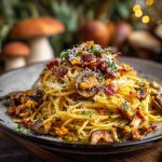 Pumpkin and mushroom spaghetti topped with crispy bacon, creamy sauce, and fresh herbs served in a rustic bowl.
