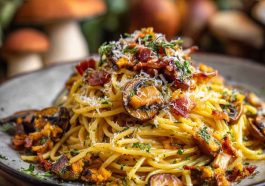 Pumpkin and mushroom spaghetti topped with crispy bacon, creamy sauce, and fresh herbs served in a rustic bowl.