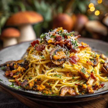 Pumpkin and mushroom spaghetti topped with crispy bacon, creamy sauce, and fresh herbs served in a rustic bowl.