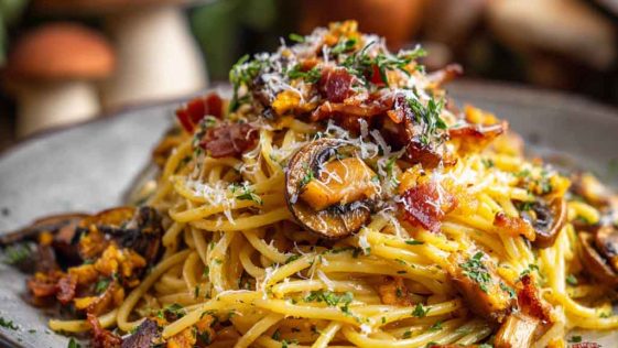 Pumpkin and mushroom spaghetti topped with crispy bacon, creamy sauce, and fresh herbs served in a rustic bowl.