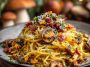 Pumpkin and mushroom spaghetti topped with crispy bacon, creamy sauce, and fresh herbs served in a rustic bowl.