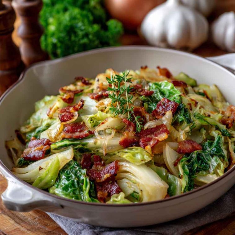 Cooked cabbage with bacon and herbs