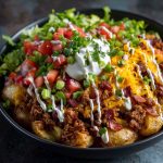 Loaded potato taco bowl with crispy potatoes, seasoned ground beef, cheese, salsa, sour cream, and fresh toppings served in a bowl.