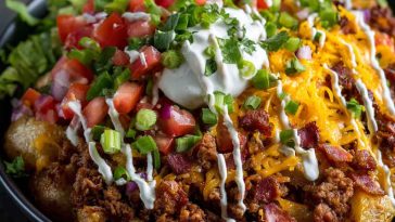 Loaded potato taco bowl with crispy potatoes, seasoned ground beef, cheese, salsa, sour cream, and fresh toppings served in a bowl.