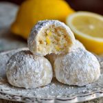 Bright and buttery lemon cream snowball cookies dusted with powdered sugar, stacked on a festive holiday plate.