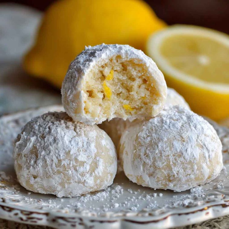 Bright and buttery lemon cream snowball cookies dusted with powdered sugar, stacked on a festive holiday plate.