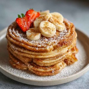 Stack of irresistible Spanish churro pancakes dusted with cinnamon sugar, drizzled with chocolate sauce, and served warm.