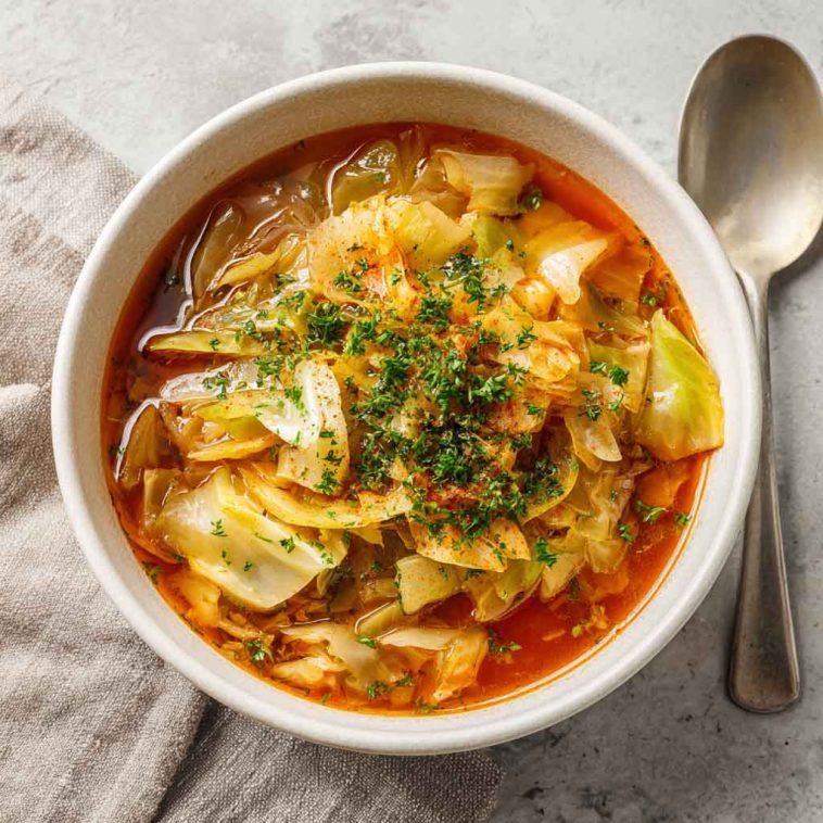 "A bowl of homemade cabbage fat burning soup with fresh vegetables, herbs, and a light broth."