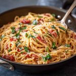 "A bowl of creamy tomato garlic pasta topped with fresh basil and parmesan cheese."