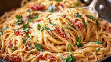 "A bowl of creamy tomato garlic pasta topped with fresh basil and parmesan cheese."