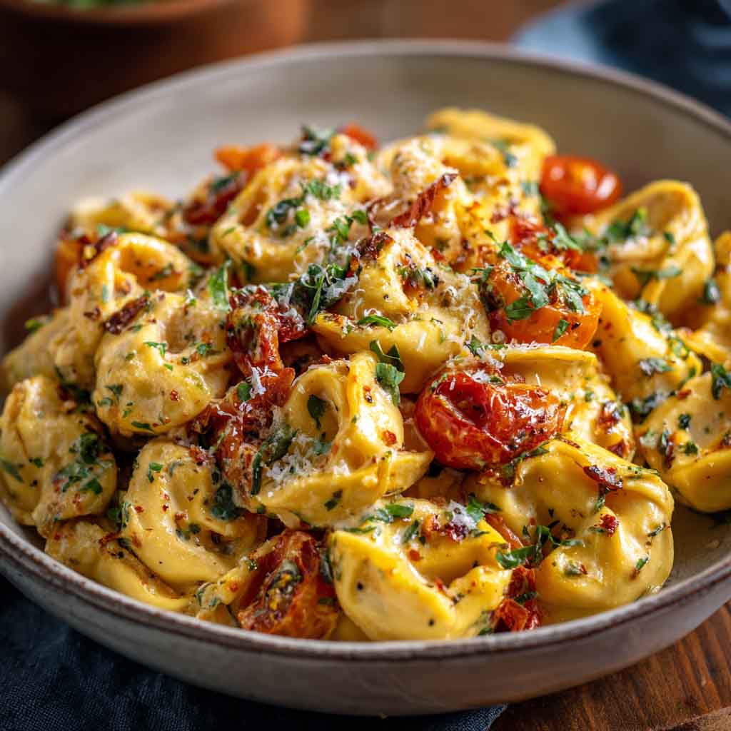 "A bowl of creamy tortellini pasta with cherry tomatoes, fresh basil, and parmesan, ready in 30 minutes."