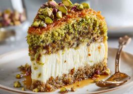 Baklava pistachio cheesecake with layers of creamy cheesecake, crunchy pistachios, and honey-soaked phyllo topping served on a dessert plate.