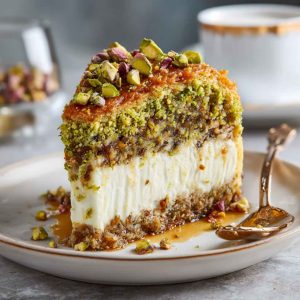 Baklava pistachio cheesecake with layers of creamy cheesecake, crunchy pistachios, and honey-soaked phyllo topping served on a dessert plate.