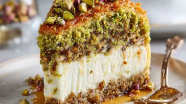 Baklava pistachio cheesecake with layers of creamy cheesecake, crunchy pistachios, and honey-soaked phyllo topping served on a dessert plate.
